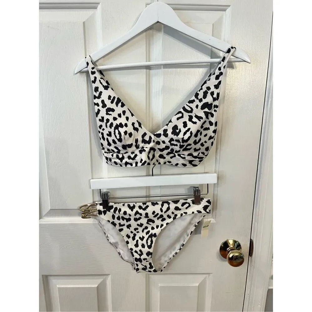 Aerie White & Black Snow Leopard Gold Side Bikini Set sz M NWT